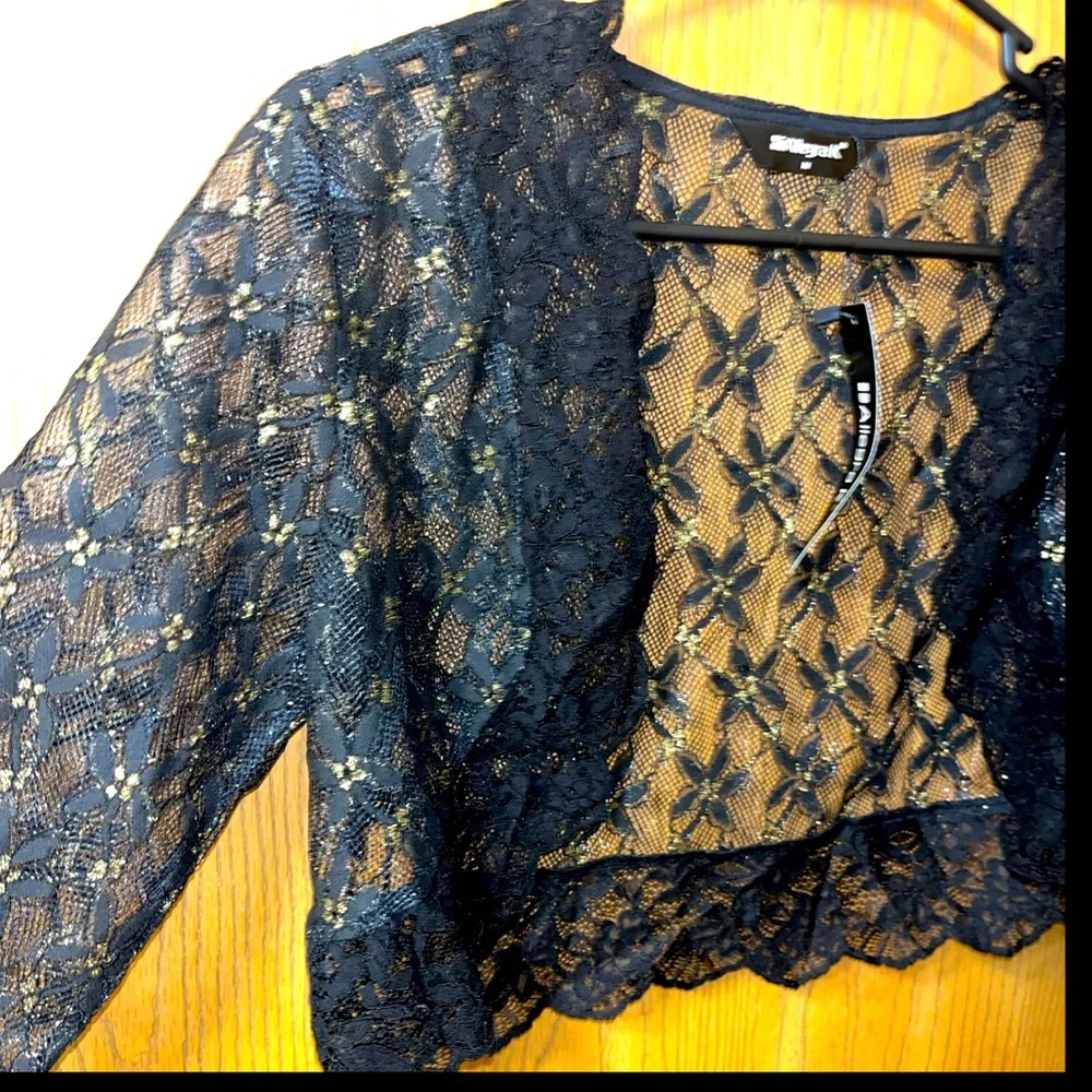 Black Bolero Shrug Top Sheer Sequin Lace W/Floral Pattern Crop Cardigan NWT